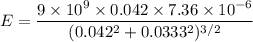 E=\dfrac{9\times 10^9\times 0.042\times 7.36\times 10^{-6}}{(0.042 ^2+0.0333 ^2)^{3/2}}