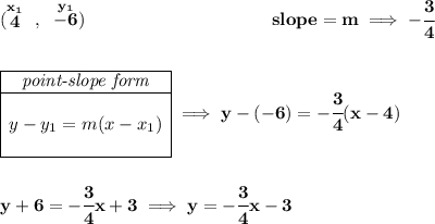 \bf (\stackrel{x_1}{4}~,~\stackrel{y_1}{-6})~\hspace{10em} slope = m\implies -\cfrac{3}{4} \\\\\\ \begin{array}{|c|ll} \cline{1-1} \textit{point-slope form}\\ \cline{1-1} \\ y-y_1=m(x-x_1) \\\\ \cline{1-1} \end{array}\implies y-(-6)=-\cfrac{3}{4}(x-4) \\\\\\ y+6=-\cfrac{3}{4}x+3\implies y=-\cfrac{3}{4}x-3