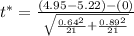 t^*=\frac{\left(4.95-5.22\right)-(0)}{\sqrt{\frac{0.64^2}{21}+\frac{0.89^2}{21}}}