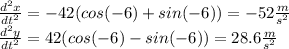 \frac{d^2x}{dt^2}=-42(cos(-6) + sin(-6))=-52\frac{m}{s^2} \\\frac{d^2y}{dt^2} = 42(cos(-6)-sin(-6))=28.6\frac{m}{s^2}