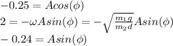 -0.25 = Acos(\phi)\\2 = -\omega Asin(\phi)= -\sqrt{\frac{m_1g}{m_2d}}Asin(\phi)\\-0.24 = Asin(\phi)