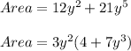 Area = 12y^{2}+21y^{5}\\\\ Area=3y^{2}(4+7y^{3})