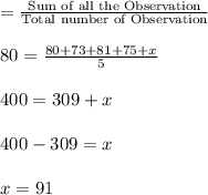 =\frac{\text{Sum of all the Observation}}{\text{Total number of Observation}}\\\\80=\frac{80+73+81+75+x}{5}\\\\400=309+x\\\\400-309=x\\\\x=91