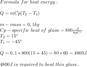 Formula\ for\ heat\ energy:\\\\&#10;Q=mCp(T_2-T_1)\\\\&#10;m-mass=0,1kg\\Cp-specific\ heat\ of\ glass=800\frac{J}{kgC^{\circ}}\\T_2=15^{\circ}\\T_1=-45^{\circ}\\\\&#10;Q=0,1*800(15+45)=80*60=4800J\\\\4800J\ is\ required\ to\ heat\ this\ glass.