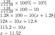 \frac{1.28}{x+1.28} \times 100\%=10\% \\&#10;\frac{1.28}{x+1.28} \times 100=10 \\&#10;1.28 \times 100=10(x+1.28) \\&#10;128=10x+12.8 \\&#10;115.2=10x \\&#10;x=11.52