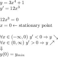 y=3x^4+1\\&#10;y'=12x^3\\\\&#10;12x^3=0\\&#10;x=0\leftarrow \text{stationary point}\\\\&#10;\forall x\in(-\infty,0)\ y'