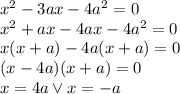 x^2 - 3ax - 4a^2 = 0\\&#10;x^2+ax-4ax-4a^2=0\\&#10;x(x+a)-4a(x+a)=0\\&#10;(x-4a)(x+a)=0\\&#10;x=4a \vee x=-a