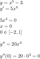 y=x^5-3\\ y'=5x^4\\\\ 5x^4=0\\ x=0\\ 0\in [-2,1]\\\\ y''=20x^3\\\\&#10;y''(0)=20\cdot0^3=0