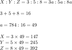 X:Y:Z=3:5:8=3a:5a:8a\\\\3+5+8=16\\\\a=784:16=49\\\\X=3\times49=147\\Y=5\times49=245\\Z=8\times49=392
