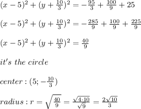 (x-5)^2+(y+\frac{10}{3})^2=-\frac{95}{3}+\frac{100}{9}+25\\\\(x-5)^2+(y+\frac{10}{3})^2=-\frac{285}{9}+\frac{100}{9}+\frac{225}{9}\\\\(x-5)^2+(y+\frac{10}{3})^2=\frac{40}{9}\\\\it's\ the\ circle\\\\center:(5;-\frac{10}{3})\\\\radius:r=\sqrt\frac{40}{9}=\frac{\sqrt{4\cdot10}}{\sqrt9}=\frac{2\sqrt{10}}{3}