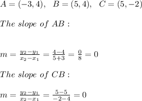 A =(-3, 4), \ \ B= (5, 4),\ \ C= (5, -2)\\ \\ The \ slope \ of \ AB : \\ \\ \\ m= \frac{y_{2}-y_{1}}{x_{2}-x_{1} } = \frac{4-4}{5+3}=\frac{0}{8}=0\\ \\ The \ slope \ of \ CB :\\ \\ m= \frac{y_{2}-y_{1}}{x_{2}-x_{1} } = \frac{5-5}{-2-4}=0