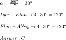 \alpha=\frac{360^o}{12}=30^o\\\\Igor-Elan\to4\cdot30^o=120^o\\\\Elan-Abbey\to4\cdot30^o=120^o\\\\C