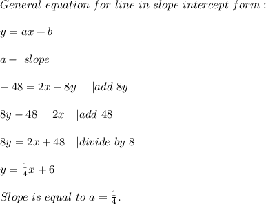 General\ equation\ for\ line\ in\ slope\ intercept\ form:&#10;\\\\y=ax+b\\\\&#10; a-\ slope\\\\&#10;-48=2x-8y\ \ \ \ | add\ 8y\\\\&#10;8y-48=2x\ \ \ | add\ 48\\\\&#10;8y=2x+48\ \ \ | divide\ by\ 8\\\\&#10;y=\frac{1}{4}x+6\\\\Slope\ is\ equal\ to\ a=\frac{1}{4}.