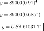 y=89000(0.91)^4\\&#10;\\&#10;y=89000(0.6857)\\&#10;\\&#10;\boxed{y=US\$ \ 61031.71}