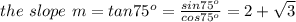the\ slope\ m=tan75^o=\frac{sin75^o}{cos75^o}=2+\sqrt3