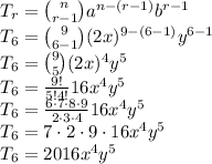 T_r={n \choose r-1}a^{n-(r-1)}b^{r-1}\\&#10;T_6={9 \choose 6-1}(2x)^{9-(6-1)}y^{6-1}\\&#10;T_6={9 \choose 5}(2x)^4y^{5}\\&#10;T_6=\frac{9!}{5!4!}16x^4y^{5}\\&#10;T_6=\frac{6\cdot7\cdot8\cdot9}{2\cdot3\cdot4}16x^4y^{5}\\&#10;T_6=7\cdot2\cdot9\cdot16x^4y^{5}\\&#10;T_6=2016x^4y^5