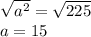 \sqrt { { a }^{ 2 } } =\sqrt { 225 } \\ a=15