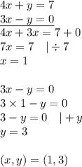 4x+y=7 \\&#10;\underline{3x-y=0} \\&#10;4x+3x=7+0 \\&#10;7x=7 \ \ \ |\div 7 \\&#10;x=1 \\ \\&#10;3x-y=0 \\&#10;3 \times 1-y=0 \\&#10;3-y=0 \ \ \ |+y \\&#10;y=3 \\ \\&#10;(x,y)=(1,3)