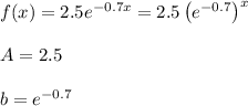 f(x)=2.5e^{-0.7x}=2.5\left(e^{-0.7}\right)^x\\\\A=2.5\\\\b=e^{-0.7}