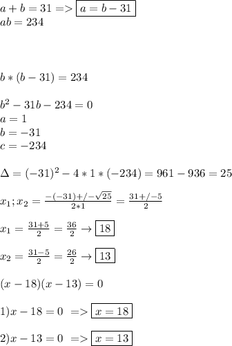 a+b=31= \boxed{a=b-31} \\ab=234 \\\\  \\\\ b*(b-31)=234 \\\\ b^2-31b-234=0 \\ a=1 \\ b=-31 \\ c=-234 \\\\ \Delta= (-31)^2-4*1*(-234)= 961-936=25 \\\\ x_1;x_2=\frac{-(-31)+/-\sqrt{25}}{2*1} =\frac{31+/-5}{2} \\\\ x_1=\frac{31+5}{2}=\frac{36}{2}\to\boxed{18} \\\\ x_2=\frac{31-5}{2}=\frac{26}{2}\to\boxed{13} \\\\ (x-18)(x-13)=0 \\\\ 1)x-18=0 \ = \boxed{x=18} \\\\ 2)x-13=0 \ = \boxed{x=13}