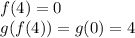 f(4)=0\\&#10;g(f(4))=g(0)=4