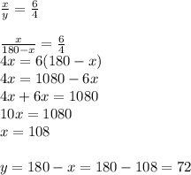 \frac{x}{y}=\frac{6}{4} \\ \\&#10;\frac{x}{180-x}=\frac{6}{4} \\&#10;4x=6(180-x) \\&#10;4x=1080-6x \\&#10;4x+6x=1080 \\&#10;10x=1080 \\&#10;x=108 \\ \\&#10;y=180-x=180-108=72