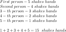 First\ person-5\ shakes\ hands\\Second\ person-4\ shakes\ hands\\3-th\ person-3\ shakes\ hands\\4-th\ person-2\ shakes\ hands\\5-th\ person-1\ shakes\ hands\\\\1+2+3+4+5=15\ \ shakes\ hands