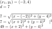 (x_1,y_1)=(-2,4) \\&#10;d=7 \\ \\&#10;7=\sqrt{(x-(-2))^2+(y-4)^2} \\&#10;7=\sqrt{(x+2)^2+(y-4)^2} \ \ \ |^2 \\&#10;49=(x+2)^2+(y-4)^2