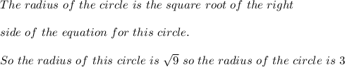 The \ radius \ of \ the \ circle \ is \ the \ square \ root \ of \ the \ right \\ \\ side \ of \ the \ equation \ for \ this \ circle. \\ \\ So\ the \ radius \ of \ this \ circle \ is \ \sqrt{9} \ so \ the \ radius \ of \ the \ circle \ is \ 3