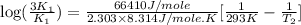 \log (\frac{3K_1}{K_1})=\frac{66410J/mole}{2.303\times 8.314J/mole.K}[\frac{1}{293K}-\frac{1}{T_2}]