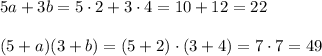 5a+3b=5\cdot2+3\cdot4=10+12=22\\\\(5+a)(3+b) =(5+2)\cdot(3+4)=7\cdot7=49