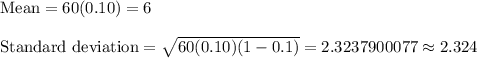 \text{Mean}=60(0.10)=6\\\\\text{Standard deviation}=\sqrt{60(0.10)(1-0.1)}=2.3237900077\approx2.324