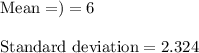\text{Mean}=)=6\\\\\text{Standard deviation}=2.324