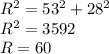 R^2=53^2+28^2 \\ R^2=3592 \\ R=60