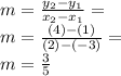 m= \frac{y_{2} - y_{1} }{ x_{2} - x_{1} } = \\m= \frac{(4)-(1)}{(2)-(-3)} = \\ m= \frac{3}{5}