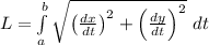 L=\int\limits_{a}^{b}\sqrt{\left(\frac{dx}{dt}\right)^2+\left(\frac{dy}{dt}\right)^2}~dt