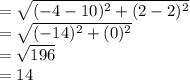 = \sqrt{(-4 - 10)^{2} + (2-2)^{2} }\\= \sqrt{(-14)^{2} + (0)^{2} }\\= \sqrt{196 }\\= 14