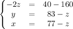 \begin{Bmatrix}-2z&=&40-160\\y&=&83-z\\x&=&77-z\end{matrix}