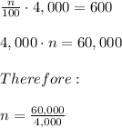 \frac { n }{ 100 } \cdot 4,000=600\\ \\ 4,000\cdot n=60,000\\ \\ Therefore:\\ \\ n=\frac { 60,000 }{ 4,000 }