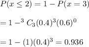 P(x\leq2)=1-P(x=3)\\\\=1-^3C_3(0.4)^3(0.6)^0\\\\=1-(1)(0.4)^3=0.936