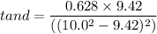 tan d=\dfrac{0.628\times9.42}{((10.0^2-9.42)^2)}
