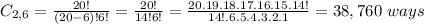 C_{2,6}=\frac{20!}{(20-6)!6!}=\frac{20!}{14!6!}=\frac{20.19.18.17.16.15.14!}{14!.6.5.4.3.2.1}=38,760 \ ways