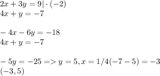 2x + 3y = 9|\cdot(-2)\\4x + y = -7\\\\-4x - 6y = -18\\4x + y = -7\\\\-5y = -25 = y = 5, x = 1/4(-7-5) = -3\\(-3, 5)