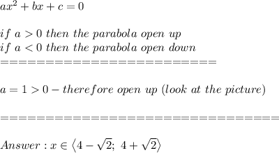 ax^2+bx+c=0\\\\if\ a  0\ then\ the\ parabola\ o pen\ up\\if\ a < 0\ then\ the\ parabola\ o pen\ down\\========================\\\\a=1  0-therefore\ o pen\ up\ (look\ at\ the\ picture)\\\\===============================\\\\x\in\left