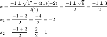 x=\dfrac{-1\pm\sqrt{1^2-4(1)(-2)}}{2(1)}=\dfrac{-1\pm\sqrt{9}}{2}=\dfrac{-1\pm3}{2}\\\\x_1=\dfrac{-1-3}{2}=\dfrac{-4}{2}=-2\\\\x_2=\dfrac{-1+3}{2}=\dfrac{2}{2}=1