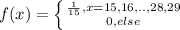 f(x)=\left \{ {{\frac{1}{15},x=15,16,..,28,29} \atop {0, else}} \right.