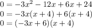 0=-3x^2-12x+6x+24\\0=-3x(x+4)+6(x+4)\\0=(-3x+6)(x+4)
