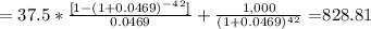 = 37.5*\frac{[1-(1+0.0469)^-^4^2]}{0.0469}+ \frac{1,000}{(1+0.0469)^4^2} =$828.81