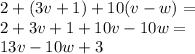 2 + (3v + 1) + 10 (v - w)=\\&#10;2+3v+1+10v-10w=\\&#10;13v-10w+3