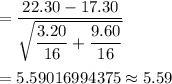 =\dfrac{22.30-17.30}{\sqrt{\dfrac{3.20}{16}+\dfrac{9.60}{16}}}\\\\=5.59016994375\approx5.59